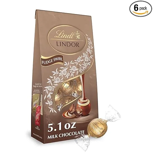 Lindt LINDOR Fudge Swirl Milk Chocolate Truffles, Milk Chocolate Candy with Smooth, Melting Truffle Center, Great for gift giving, 5.1 oz. Bag (6 Pack)