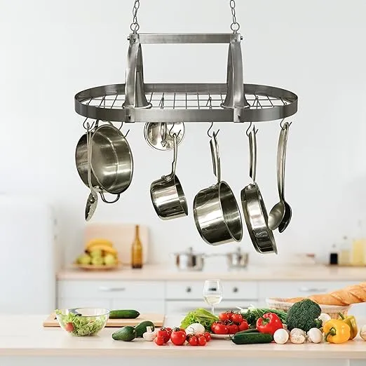 Elegant Designs PR1000-BSN Home Collection 2 Light Kitchen Pot Rack with Down Lights, Brushed Nickel