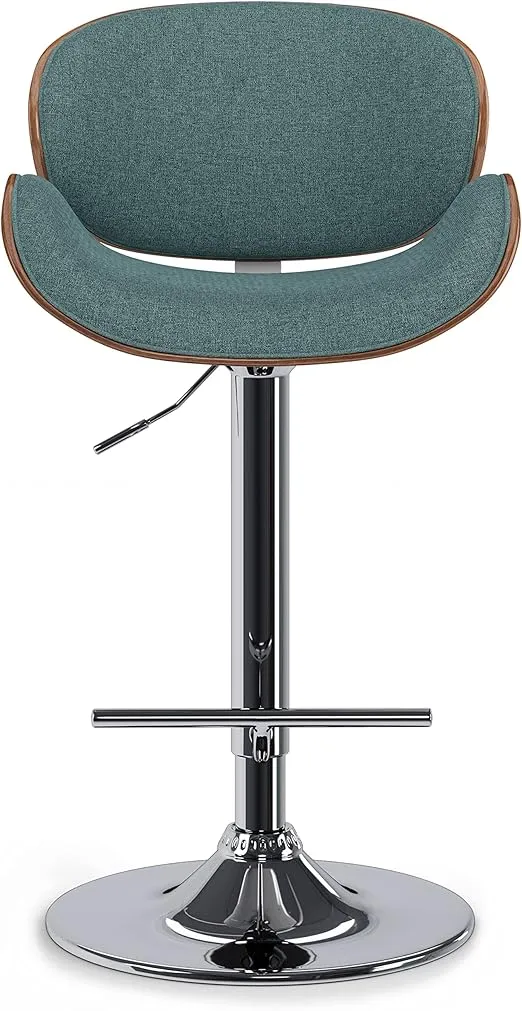 SIMPLIHOME Marana 33 Inch Mid Century Modern Bentwood Adjustable Height Gas Lift Bar Stool in Light Turquoise Blue Linen Look Fabric, For the Dining Room and Kitchen