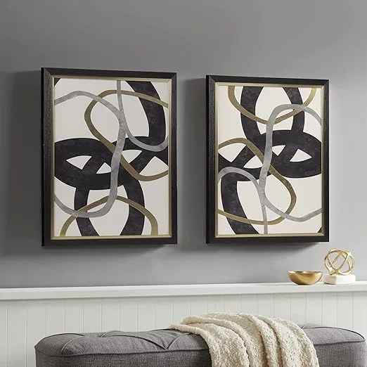 Madison Park Wall Art Living Room Décor - Moving Midas Abstract Foil Framed Canvas, Home Accent, Bedroom Decoration, Ready to Hang Painting, 20.7" W x 26.7" H x 2" D, Black/Gold 2 Piece
