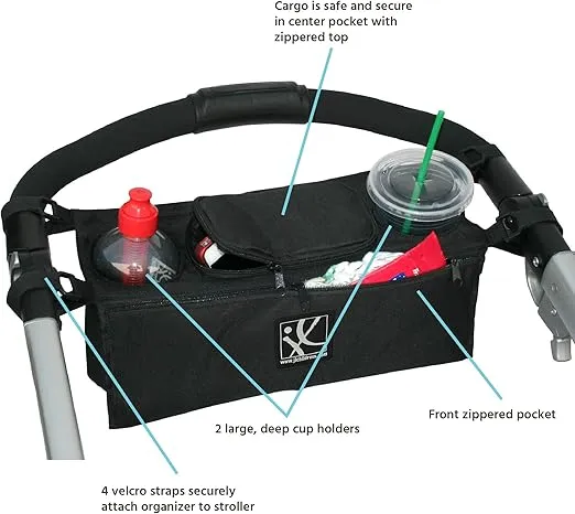 J.L. Childress Sip N Safe - Universal Stroller Accesory and Organizer - Deep Cup Holders, Zippered Compartments, Secure Pockets - for Jogging Strollers, Doona, Graco, Jeep, UPPAbaby, BOB - Black