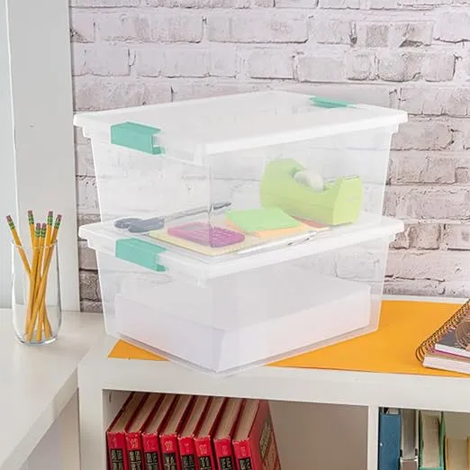 Sterilite Deep Clip Box, Stackable Small Storage Bin with Latching Lid, Plastic Container to Organize Paper, Office, Home, Clear Base and Lid, 1-Pack