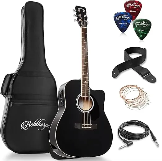Ashthorpe Full-Size Dreadnought Cutaway Acoustic-Electric Guitar Bundle - Premium Tonewoods - Black