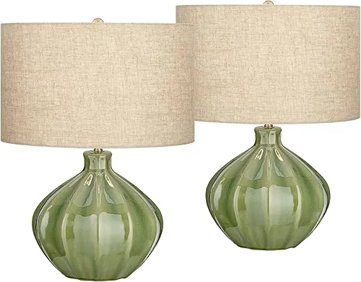 360 Lighting Gordy Mid Century Modern Accent Table Lamps 20 1/2" Tall Set of 2 Green Ribbed Ceramic Oatmeal Fabric Drum Shade for Bedroom Living Family Room Bedside Nightstand House Home