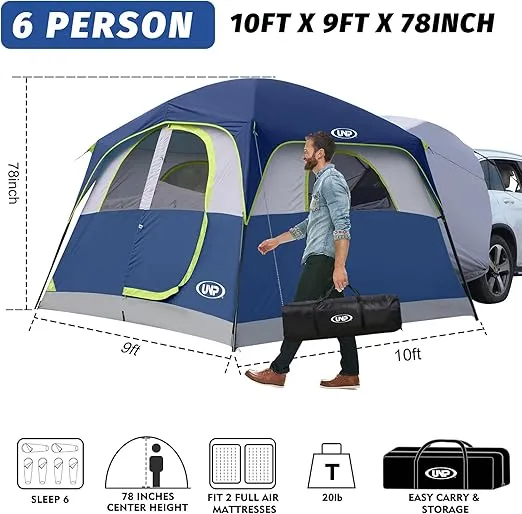 UNP SUV Tent for Camping, 6-Person Car Camping Tent, SUV Tailgate Tent for Outdoor, Easy Set Up Tent with Rainfly 10'x9'x78in(H)