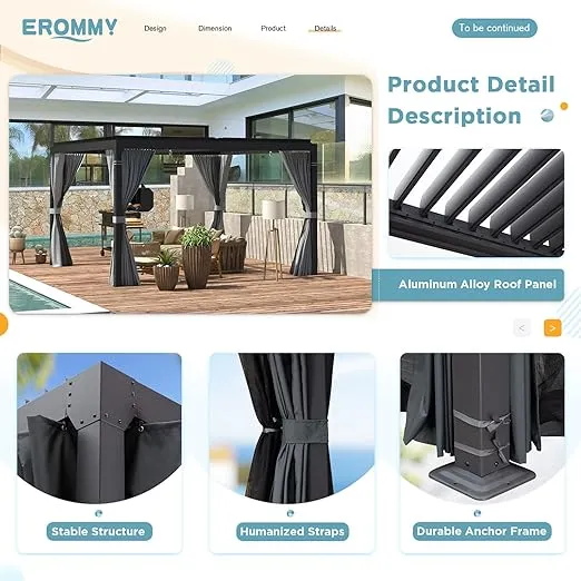 EROMMY Louvered Pergola 10' x 10' Outdoor Hard Top Pergola with Aluminum Frame and Adjustable Metal Rainproof Roof for Garden & Patio, Curtains and Netting Included, Gray-Black