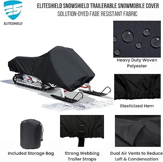 SnowShield Trailerable Snowmobile Cover, Solution-Dyed Fade Resistant All Weather Protection Snowsled Cover, Black Color Fits Snowmobile 121"-130" Long