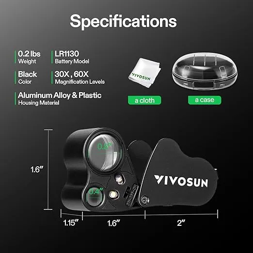 VIVOSUN 2-Pack 30X 60X Illuminated Jewelers Loupe Foldable Magnifier with LED Light for Jewelry Gems Watches Coins Stamps Antiques Black