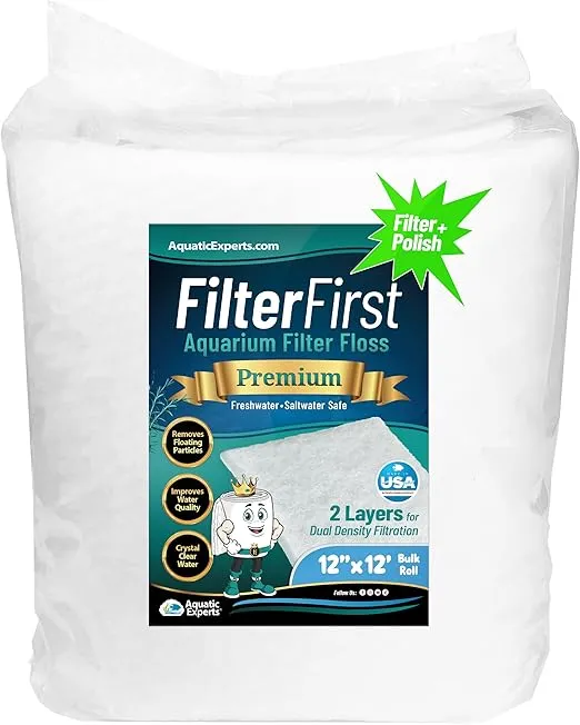 Aquatic Experts Aquarium Filter Floss for Fish Tank Filters - FilterFirst Aquarium Filter Pad - Aquarium Filter Media Roll for Crystal Clear Water, 3/4" - 1" Thick (12 Inch Wide, 12 Feet Long)