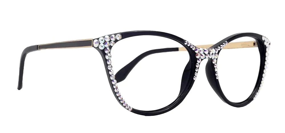 Cattitude Bling Cat Eyes, Women Reading Glasses Adorned W (AB) Genuine European Crystals (Black) Frame, NY Fifth Avenue. (+2.25)