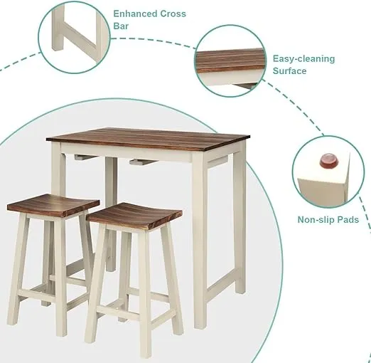 LUARANE 3 Pieces Bar Table Set, Modern Pub Dining Counter Height Table Set with 2 Saddle Bar Stools, Kitchen Counter Set for Living Room Dining Room, Brown & Milky White