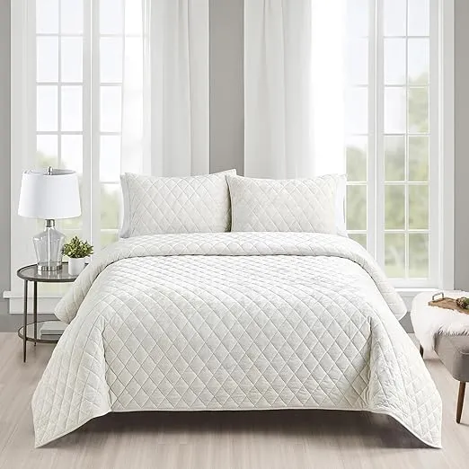 Fredsure Distressed Velvet Quilt Set, 2 Pieces Light Ivory Twin, Distressed Velvet Face and Brushed Microfiber Reverse with Diamond Quilting