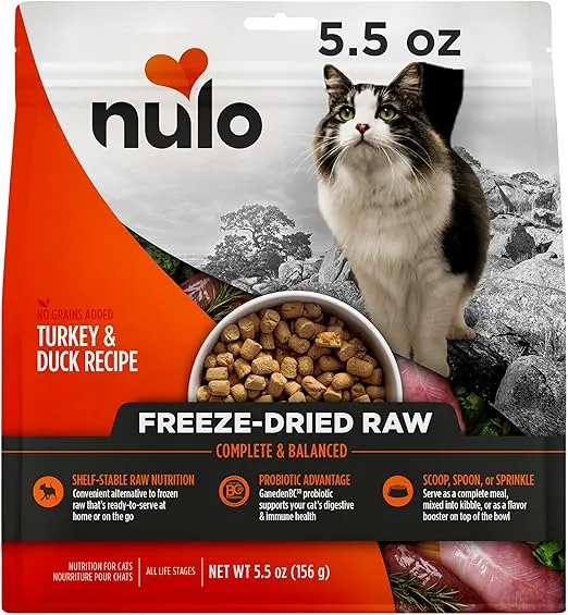 Nulo Freestyle Freeze-Dried Raw, Ultra-Rich Grain-Free Dry Cat Food for All Breeds and Life Stages with BC30 Probiotic for Digestive and Immune Health, Turkey & Duck, 5.5 Ounce