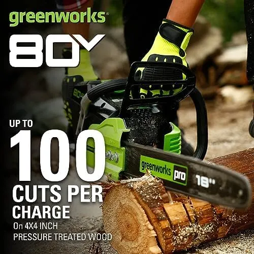 Greenworks 80V 18" Brushless Cordless Chainsaw (Great for Tree Felling, Limbing, Pruning, and Firewood) / 75+ Compatible Tools), Tool Only, Black & Green