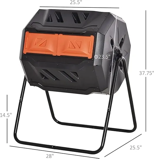 Outsunny Tumbling Compost Bin Outdoor 360° Dual Chamber Rotating Composter 43 Gallon, Orange
