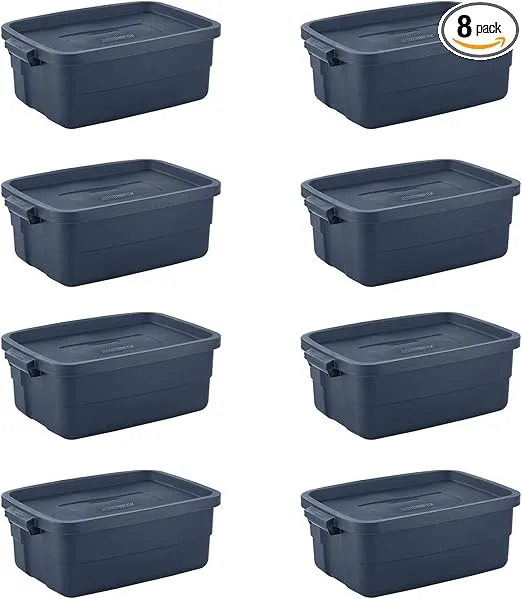 Rubbermaid Roughneck Tote 10 Gal, 8 Pack, Made in USA, Dark Indigo Metallic, Rugged Plastic Stackable Storage Bins with Lids and Handles
