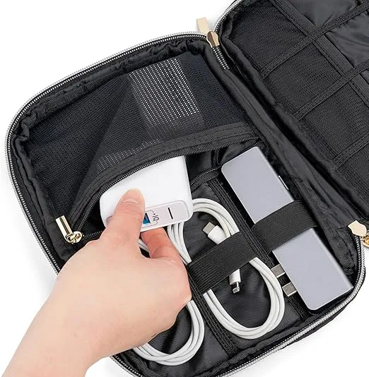 PAVILIA Travel Cord Organizer, Electronic Organizer Travel Case, Tech Organizer Travel Case, Cable Organizer Travel Storage, Small Charger Cord Bag Pouch, Travel Accessories Tech Gift Men, Black Quilt