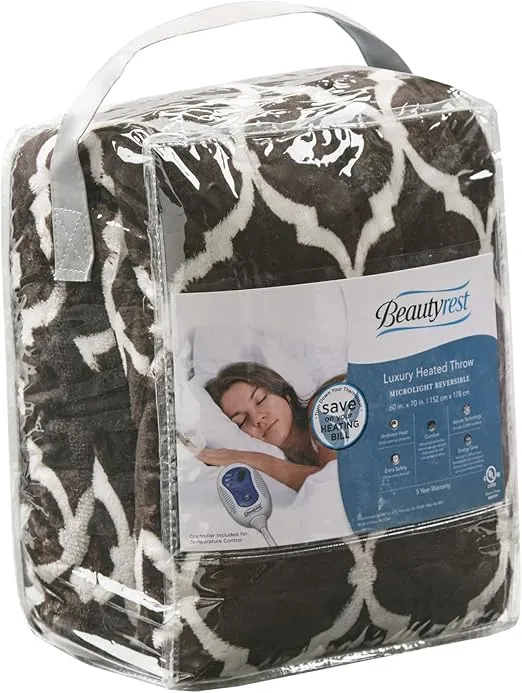 Beautyrest Ogee Printed Plush Electric Blanket for Cold Weather, Fast Heating, Auto Shut Off, Virtually Zero EMF, Multi Heat Setting, UL Certified, Machine Washable, Brown Oversized Throw 60x70