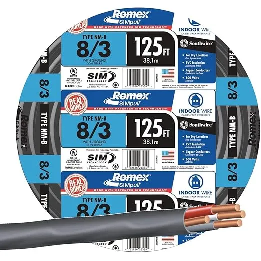 Southwire 63949202 8/3 Romex Type Nm-B W/g Non-Metallic Copper Wire, 125 ft. Black