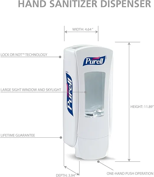 PURELL ADX-12 Push-Style Hand Sanitizer Dispenser, White, for 1200 mL PURELL ADX-12 Sanitizer Refills (Pack of 1) - 8820-06