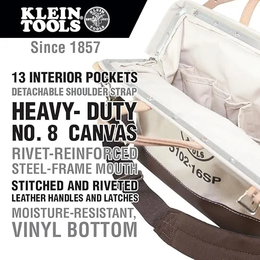 Klein Tools 5102-16SP Deluxe Canvas Tool Bag Made of Natural Canvas with 13 Interior Pockets and Detachable Shoulder Strap, 16-Inch