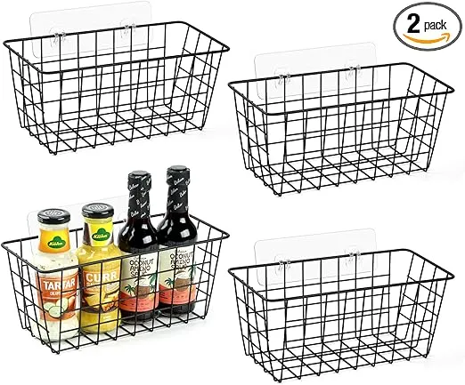 2 Pack Hanging Kitchen Baskets, Adhesive Wire Wall Storage Basket, No Drilling Hanging Fruit Baskets, Cabinet Door Organizer for Kitchen Bathroom Pantry, Upgrade Super-sized Adhesive