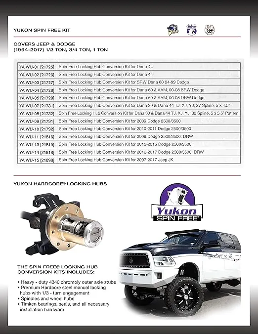 Yukon Gear & Axle (YA WU-05 Spin Free Locking Hub Conversion Kit for Dodge DRW Dana 60 AAM Differential