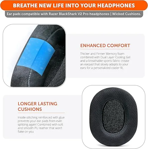 WC Freeze Blackshark - Cooling Gel Earpads for 2020-2022 Razer Blackshark V2 & V2 Pro (Does Not Fit 2023 Model) by Wicked Cushions - Boost Comfort, Thickness, & Sound Isolation | Black