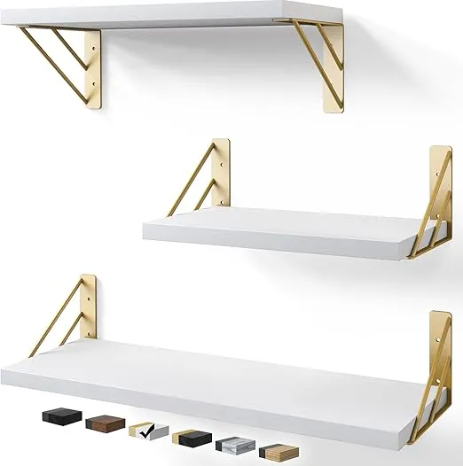 BAYKA Wall Shelves for Bedroom Decor, Floating Wall Shelves for Living Room Kitchen Storage, Wall Mounted Rustic Wood Shelves for Kids Books, Small Shelf for Bathroom(White and Gold,Set of 3)