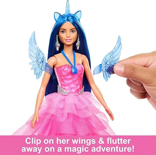 Barbie Unicorn Toy, 65th Anniversary Commemorative Doll with Blue Hair, Pink Gown and Accessories Like Sapphire Wings and Pet Alicorn, HRR16