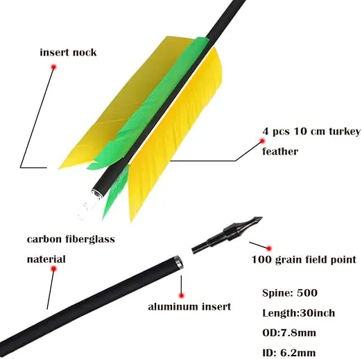 AMEYXGS 6/12 Pcs 30 Inch Archery Carbon Arrows Target Practice Flu Flu Arrows Spine 500 Small Game Arrows 4 Feathers Fletching with 100 Grain Judo Arrowheads for Practice Targeting