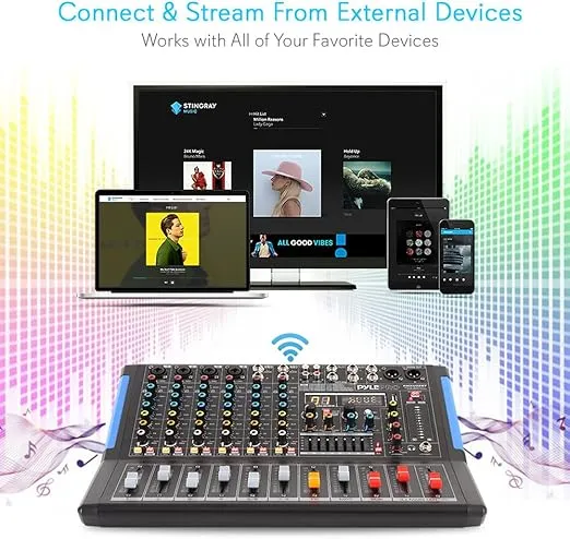 PYLE 8-Channel Bluetooth Studio Audio Mixer - DJ Sound Controller Interface w/ USB Drive for PC Recording Input, XLR Microphone Jack, 48V Power, RCA Input/Output for Professional & Beginners