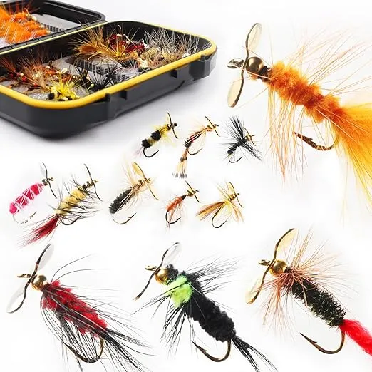 Fly Fishing Flies Assortment Kit Dry Wet Nyphms Tenkara Popper Streamer Woolly Bugger for Trout Bass Salmon Steelhead with Fly Box