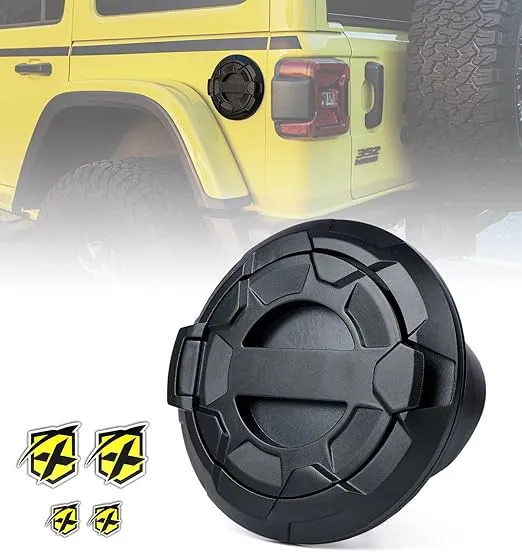 Xprite Gas Tank Cap Cover Compatible with Jeep Wrangler 2018-2024 JL & JLU 2 & 4 Door Unlimited, Off-Road Wheel Pattern Aluminum Fuel Filler Door Cover, Matte Black
