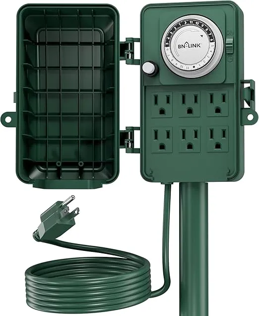 BN-LINK 24 Hour Mechanical Outdoor Multi Socket Timer, 6 Outlet Garden Power Stake with 6ft Cords, Outdoor Timers for Christmas Lights, ETL Listed, 125V, 15A/1875W