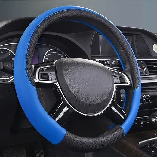 CAR PASS Rhombus Leather Universal 14.5-15 inch Steering Wheel Cover, Fit for Suvs,Trucks,Cars,Sedans,Vans (Black&Blue)