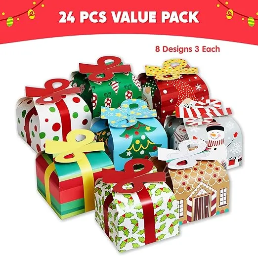 JOYIN 24 PCS 3D Christmas Goody Gift Boxes with Bow for Holiday Xmas Goodie Paper Boxes, School Classroom Party Favor Supplies, Candy Treat Cardboard Cookie Boxes
