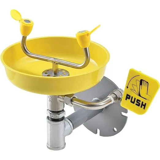 Global Industrial Wall Mounted Emergency Eyewash with Plastic Bowl, Push Handle, Yellow