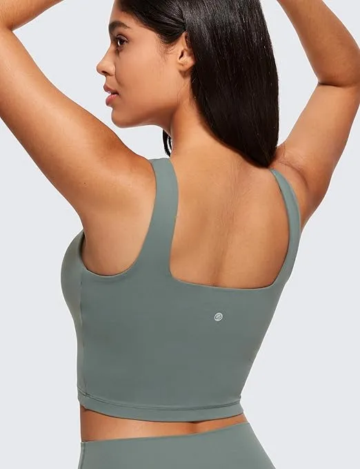 CRZ YOGA Butterluxe Womens Square Neck Longline Sports Bra - Workout Crop Tank Tops Padded with Built in Shelf Yoga Bra