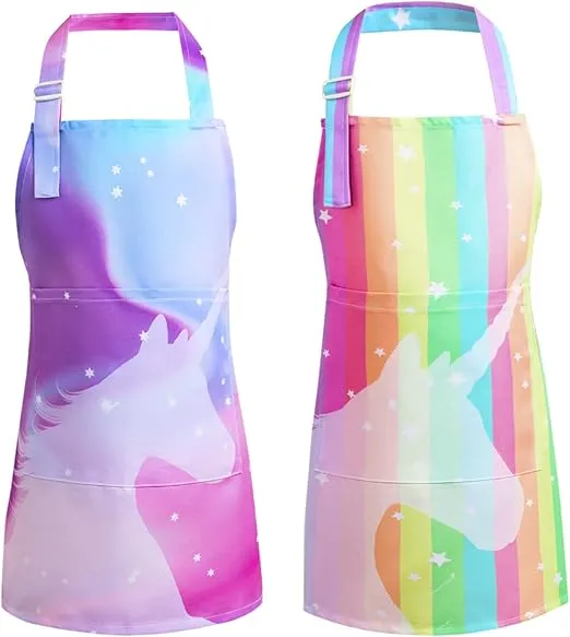 PASHOP 2 Pack Kids Apron Rainbow Unicorn Aprons With Pockets for Girls Boys Toddler Apron for Painting Cooking Baking