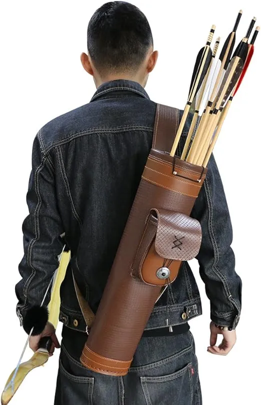 TOPARCHERY Traditional Shoulder Back Quiver Bow Leather Arrow Holder with Large Pouch Handmade Straps Belt Bag Brown