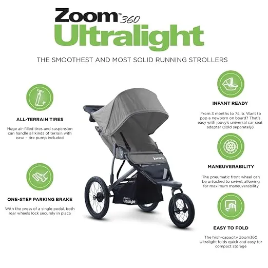 Joovy Zoom360 Ultralight Jogging Stroller Featuring High Child Seat, Shock-Absorbing Suspension, Extra-Large Air-Filled Tires, Parent Organizer, Air Pump, and Easy One-Hand Fold (Charcoal)