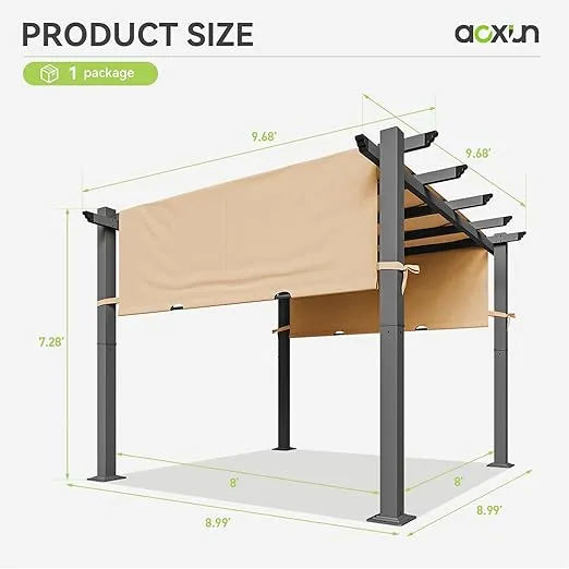 Aoxun 10'x10' Outdoor Pergola, Retractable Pergola with Adjustable Roof, Aluminum Pergola with Sun Shade Canopy, Modern Metal Patio Pergola with Brown Shade Cover for Garden, Backyard and Deck