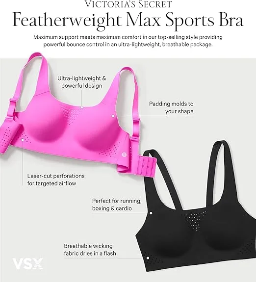 Victoria's Secret Women's VSX Featherweight Max Sports Bra, High Impact Wireless Sports Bra, Bras for Women (32A-38DD)