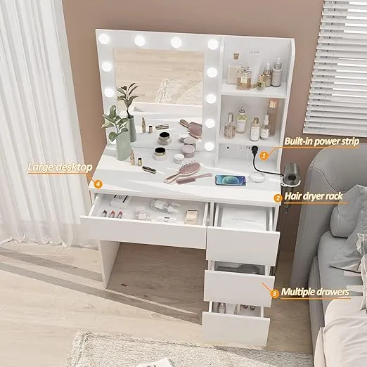 Vabches Makeup Vanity with Lights, 37inch Vanity Desk with Power Strip, 4 Drawers Makeup Table with Lighted Mirror, 3 Lighting Colors, White