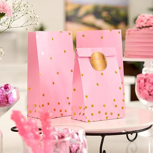 ROYAL BLUEBONNET Pink Party Favor Bags - 24 Pink and Gold Candy Bags, Pink Goodie Bags, Pink Favor Bags, Pink and Gold Party Favor Bags, Pink Candy Bags for Birthday Party, Pink Bags for Party Favors