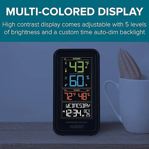 La Crosse Technology Advanced Indoor/Outdoor Temperature & Humidity Monitor with Custom Alerts and Gauge Range of 300 Feet - Calendar Display & Auto-Dim Backlight