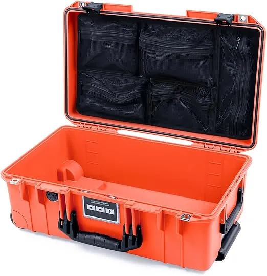 ColorCase Pelican Air 1535 Carry-on Case Orange - Medium Size Waterproof Case with Mesh Lid Organizer Only - Black Handles & Latches