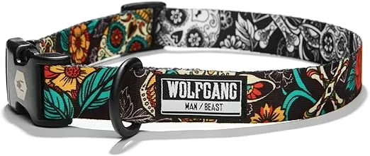 Wolfgang Adjustable Dog Training Collars, Durable & Easy to Clean Nylon Dog Collar with Quick Clip Buckles, for Training & Daily Use Made in USA, LosMuertos Print, (1 Inch x 12-18 Inch)