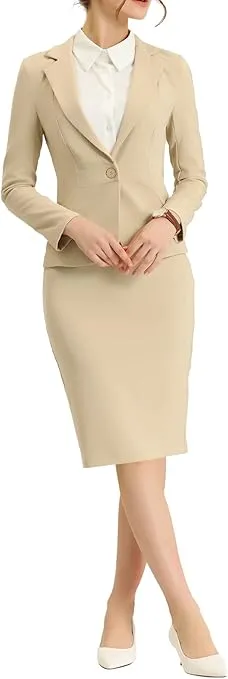 Allegra K Women's 2 Piece Suit Skirt Set Business Casual Long Sleeve Blazer and Pencil Skirt